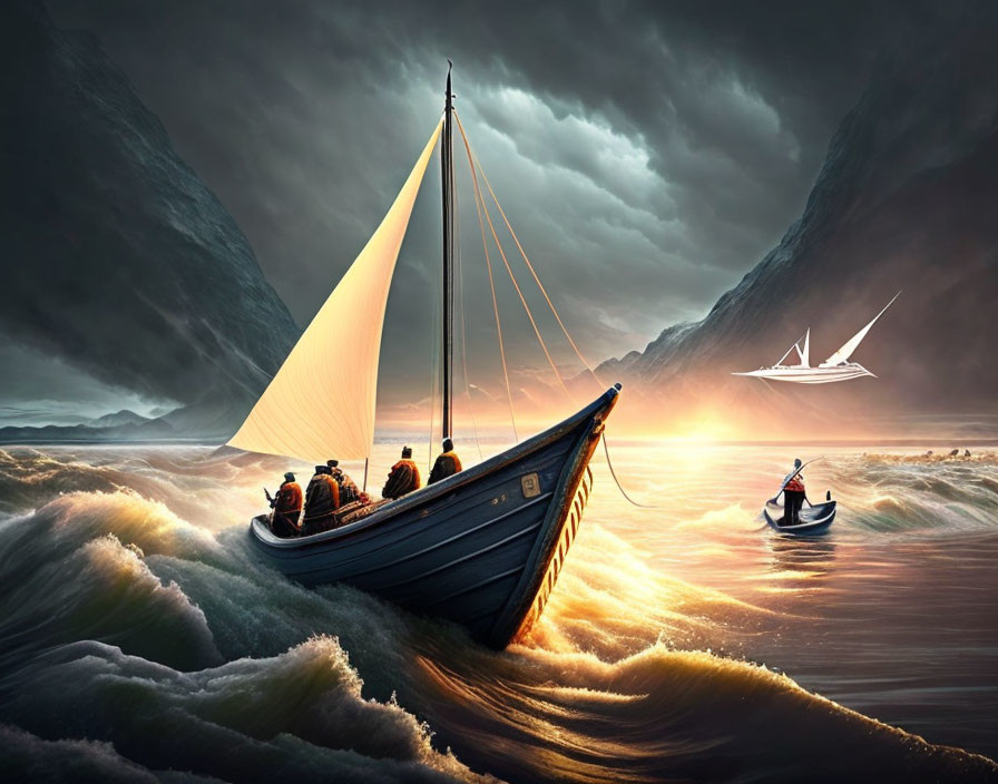 Dramatic seascape with boats on turbulent waves and towering cliffs