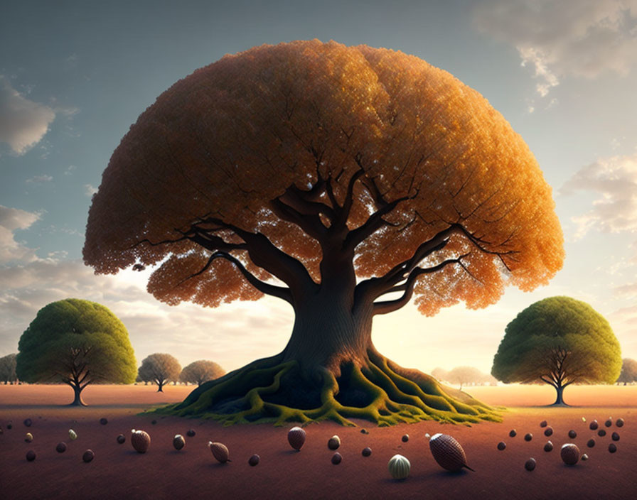 Majestic tree in surreal landscape with scattered spherical objects