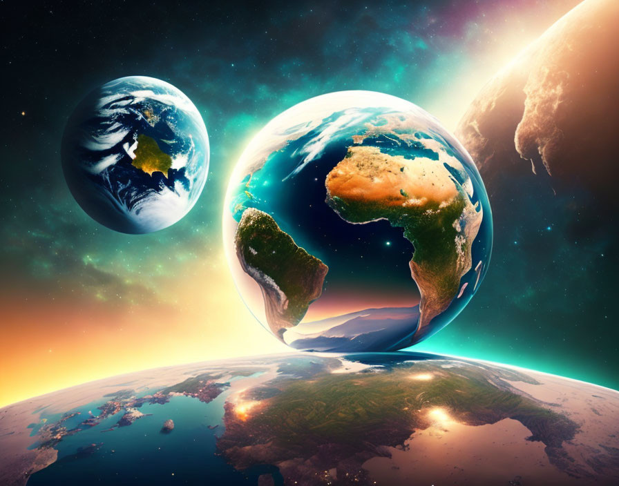 Digital Artwork: Three Aligned Earth-like Planets with Dramatic Sunrise Background