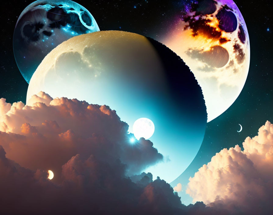 Multiple Moons and Planets in Fantastical Cosmic Scene