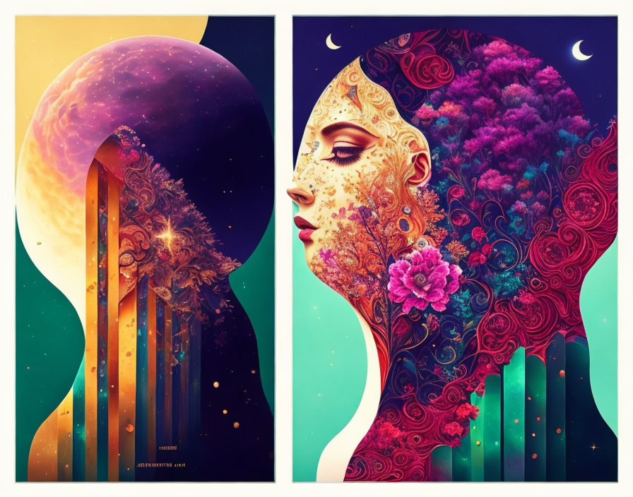 Digital artwork: Split panel of stylized woman with cosmic and floral elements