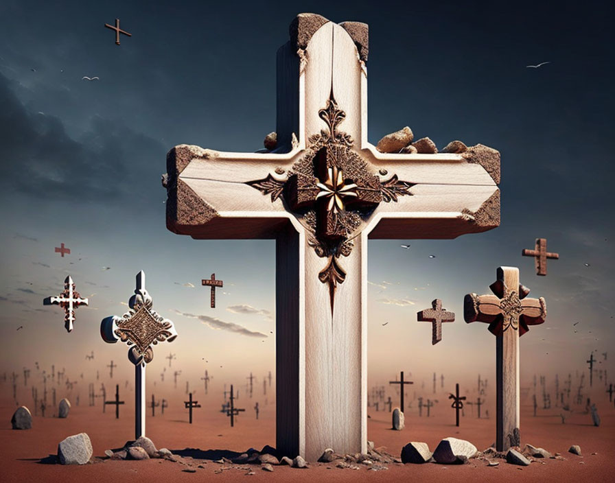 Intricately designed large cross among smaller ones under dusky sky