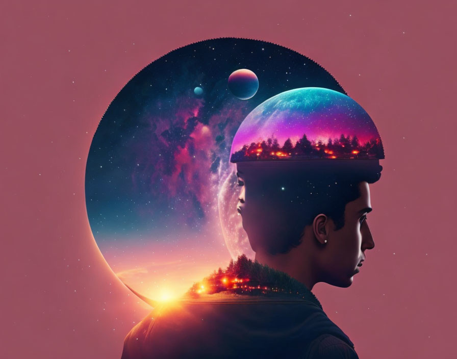 Surreal profile portrait with cosmic scene of stars, planets, and galaxy on head.