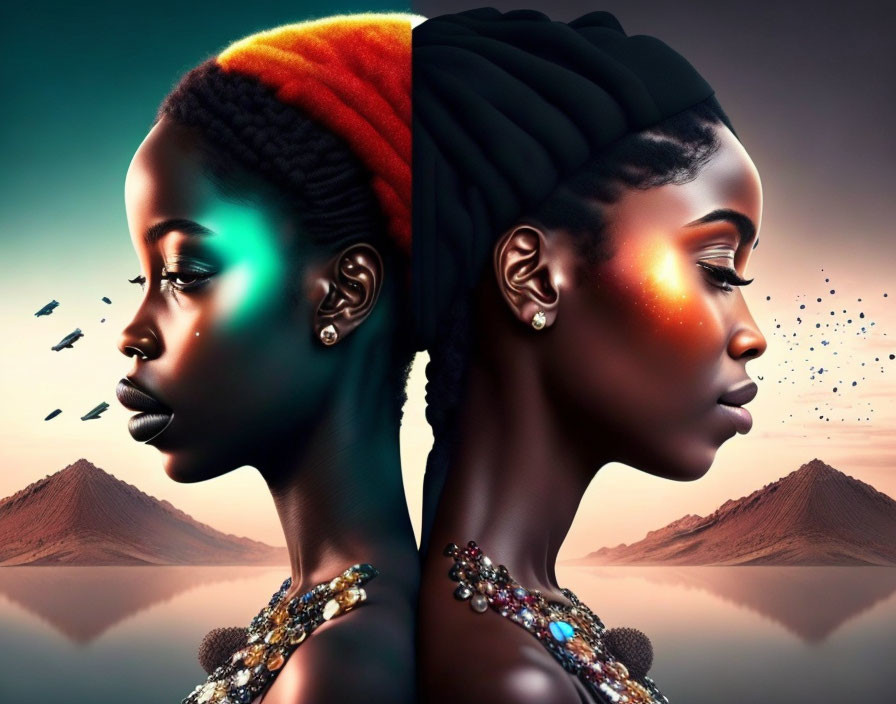 Colorful Hairstyles & Makeup on Two Women with Sparkling Effects and Pyramids Background