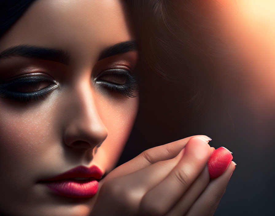 Woman with dramatic makeup and red lipstick holding red object under warm light