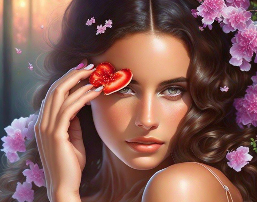 Digital artwork featuring woman with deep green eyes and wavy hair holding sliced strawberry amidst pink blossoms