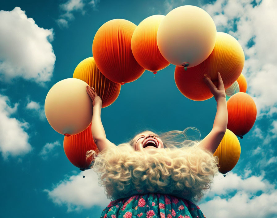 Curly-haired child reaching for orange and cream balloons in blue sky