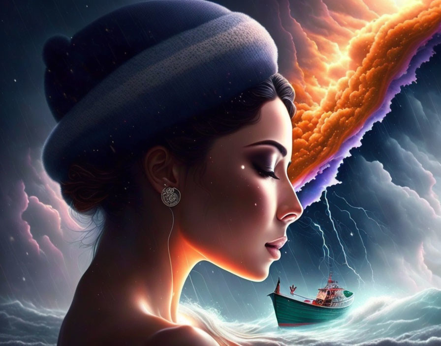 Stylized profile of a woman with beanie against surreal stormy backdrop