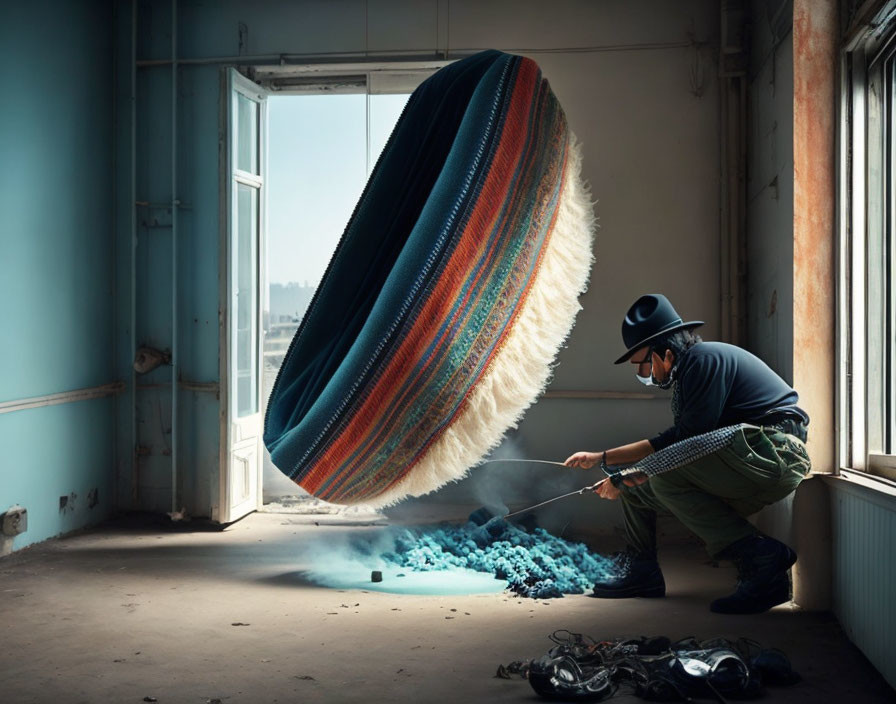 Person pulling rope in industrial room, colorful rug floating and unraveling.