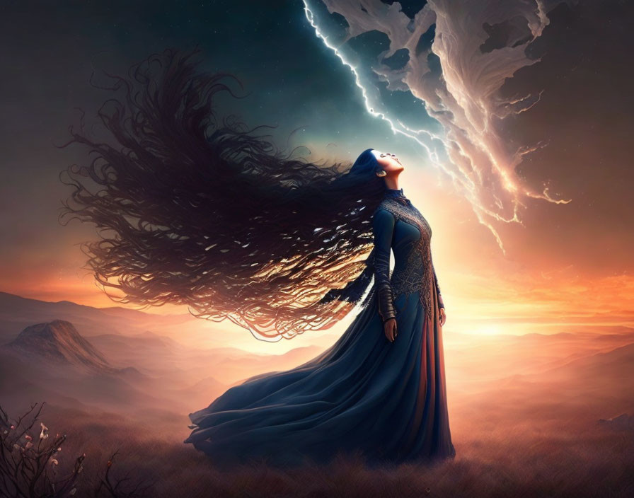 Woman with flowing hair in dramatic landscape with lightning bolt at sunset