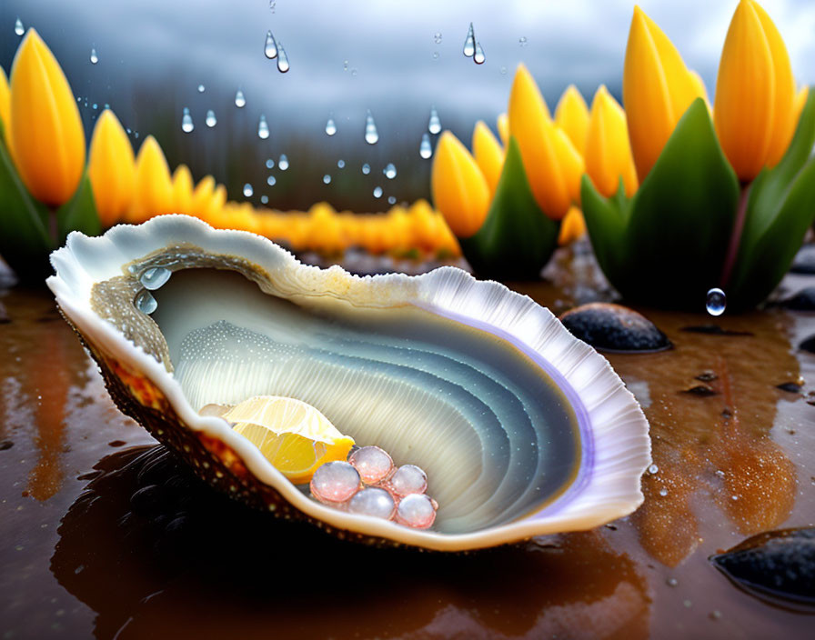 Seashell with pearls, raindrops, and yellow tulips on wet ground