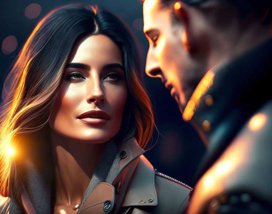 Woman with subtle smile standing close to man in warm-toned setting