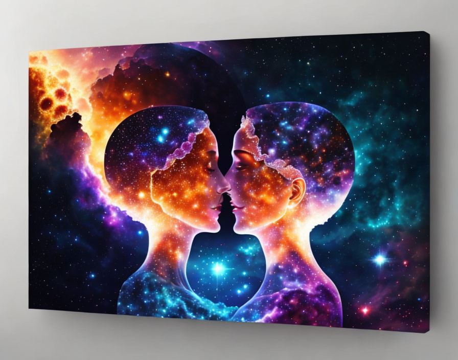 Silhouetted profiles on cosmic background with vibrant celestial colors