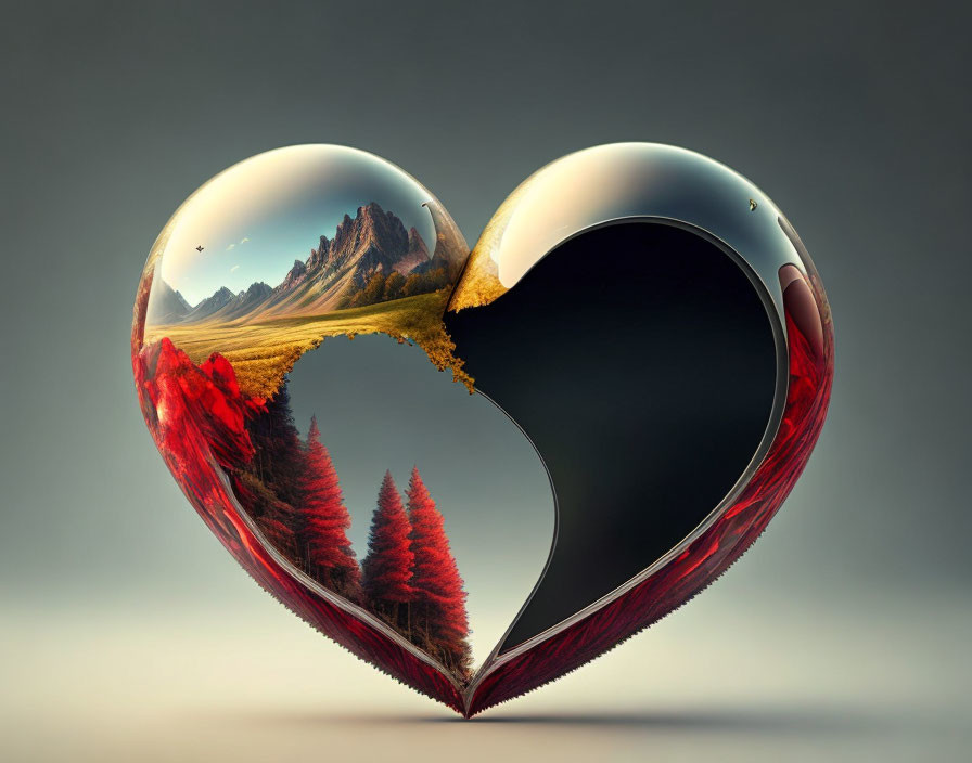 Reflective Heart-Shaped Object with Landscape and Black Interior