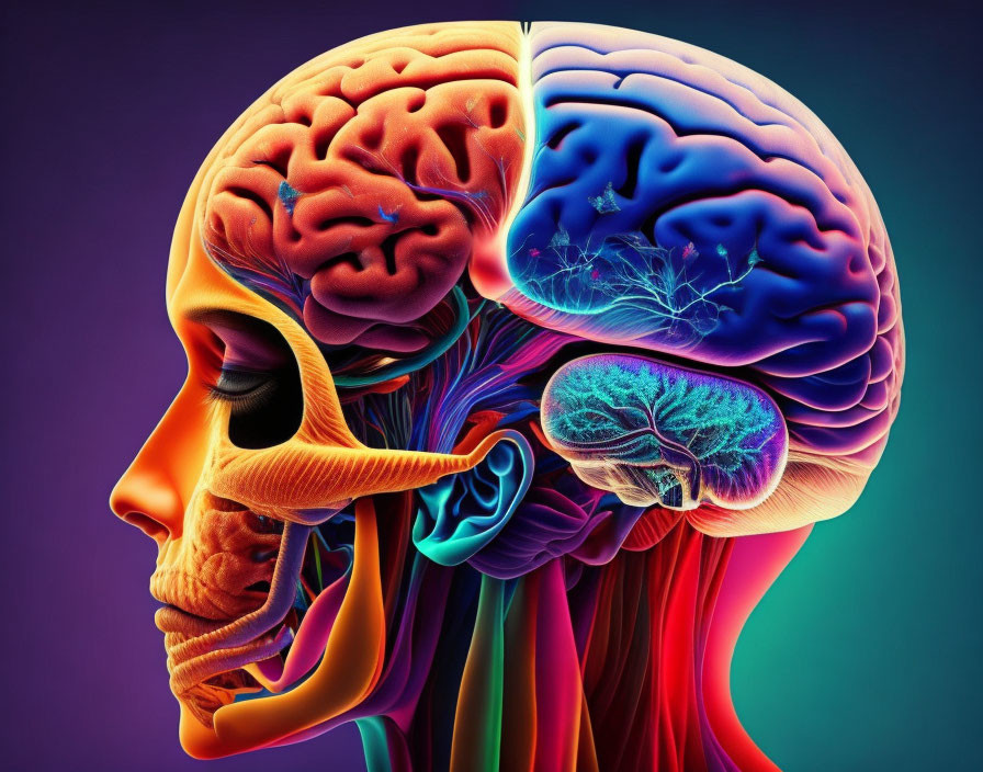 Detailed profile view illustration of human head with colorful brain and skull anatomy.