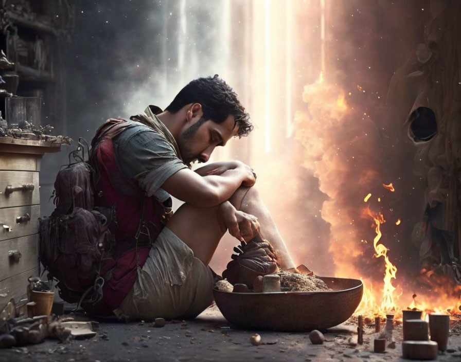 Man creating pottery in post-apocalyptic scene