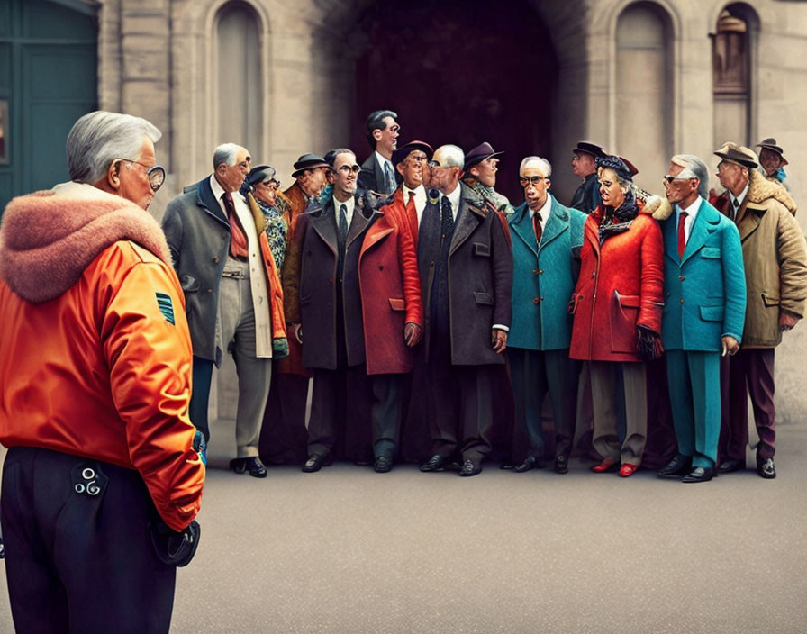 Elderly group in vintage attire with one person in modern jacket