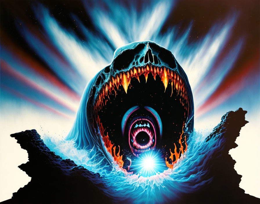Monstrous skull with eye emitting light in cosmic backdrop