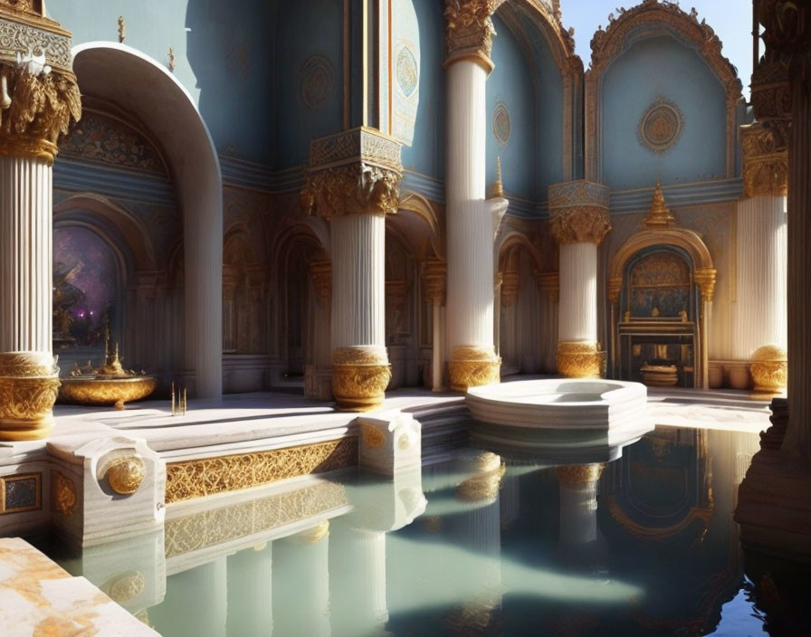 Luxurious indoor pool with marble columns and golden accents