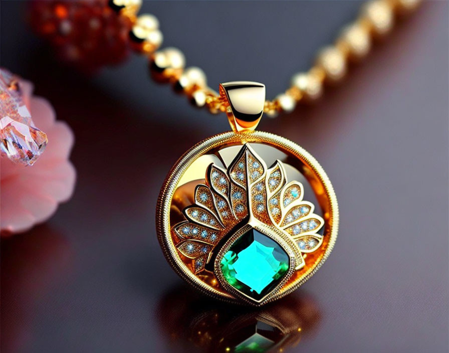 Peacock Feather-Inspired Pendant with Green Gem, Gold Detailing, Crystal Accents