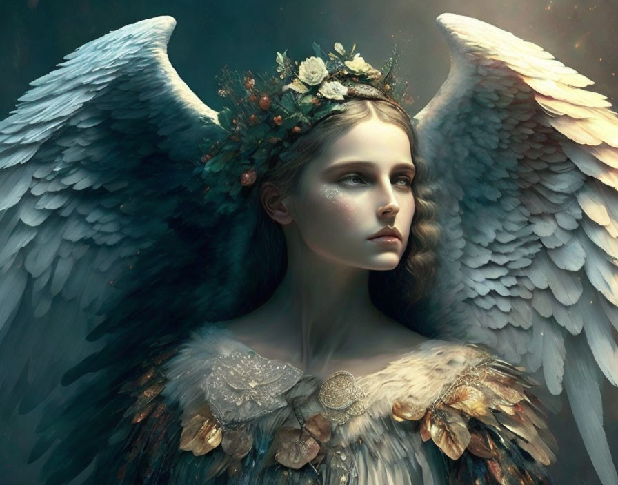 Mystical angel with white wings and floral crown in thoughtful gaze