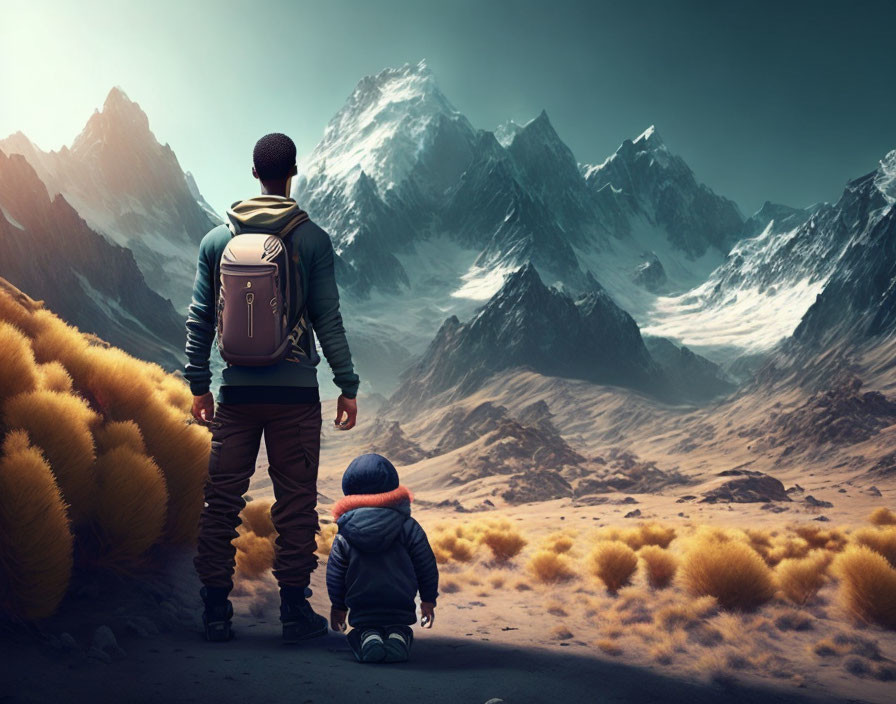 Adult and child admire towering mountains in dusky landscape.