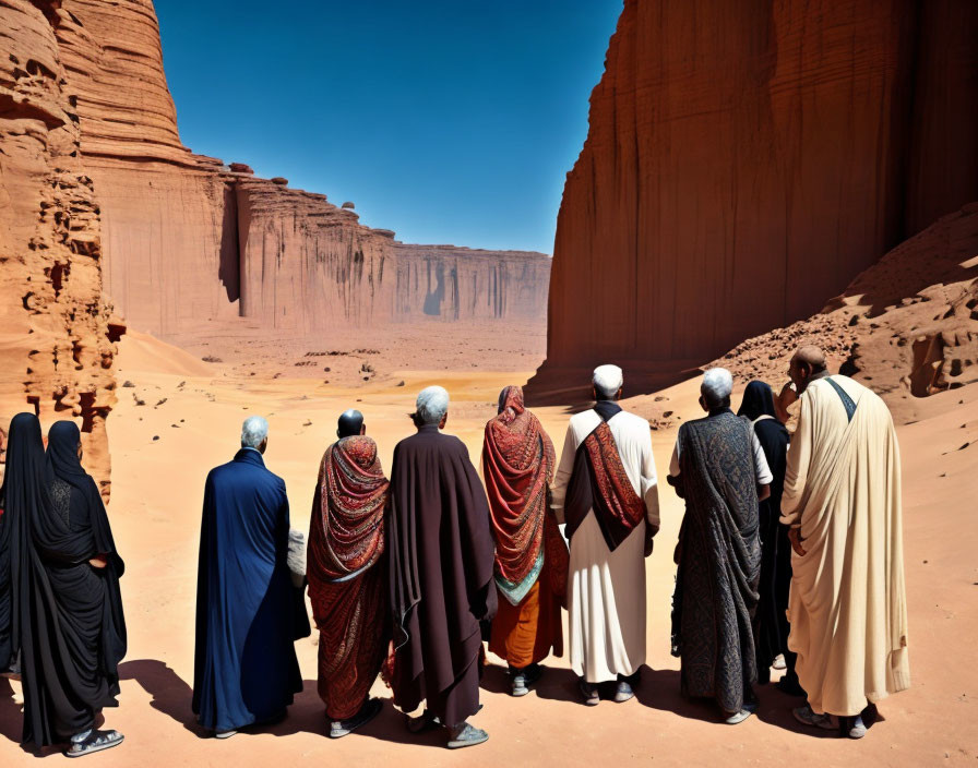 Traditional robed group in desert canyon under blue sky