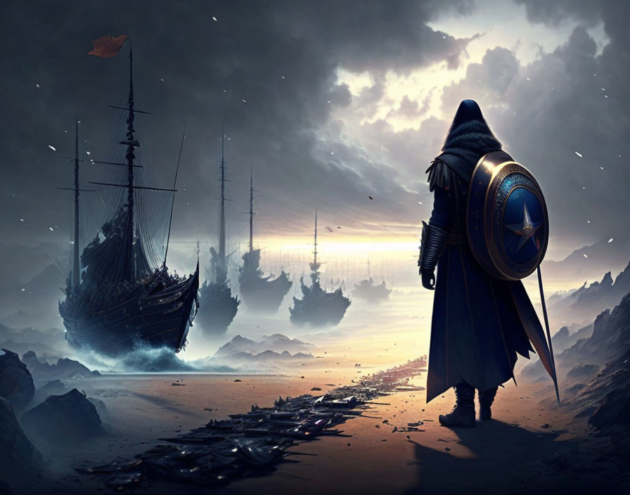 Cloaked figure with shield near beached ships in surreal twilight landscape