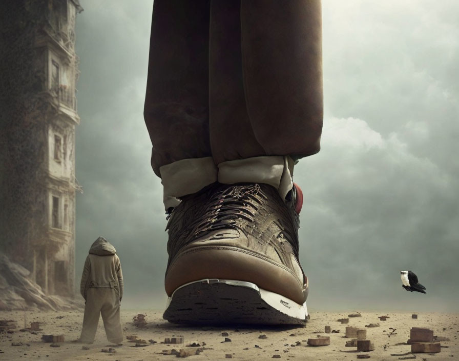 Hooded figure standing near giant shoe in post-apocalyptic setting