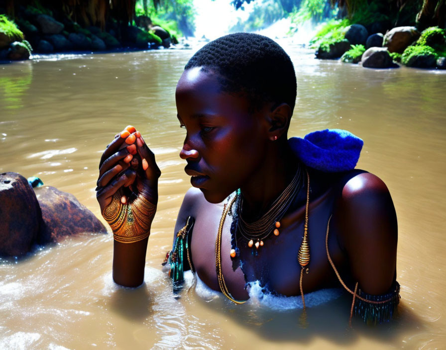 Person with painted arm and traditional jewelry sitting in river surrounded by lush greenery and rocks