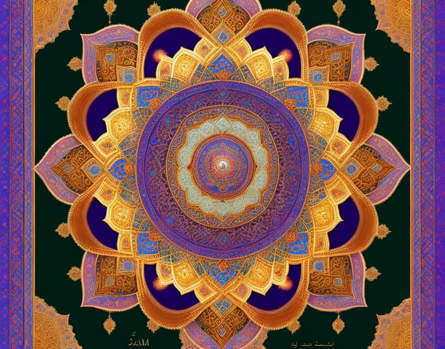 Symmetrical blue, orange, and gold mandala on dark background with ornate border