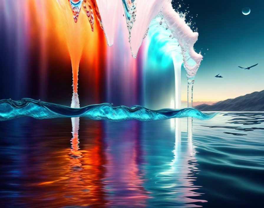 Surreal landscape with melting icicles over tranquil sea at dusk