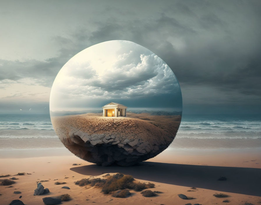 Small house on cracked landmass in reflective sphere over beach