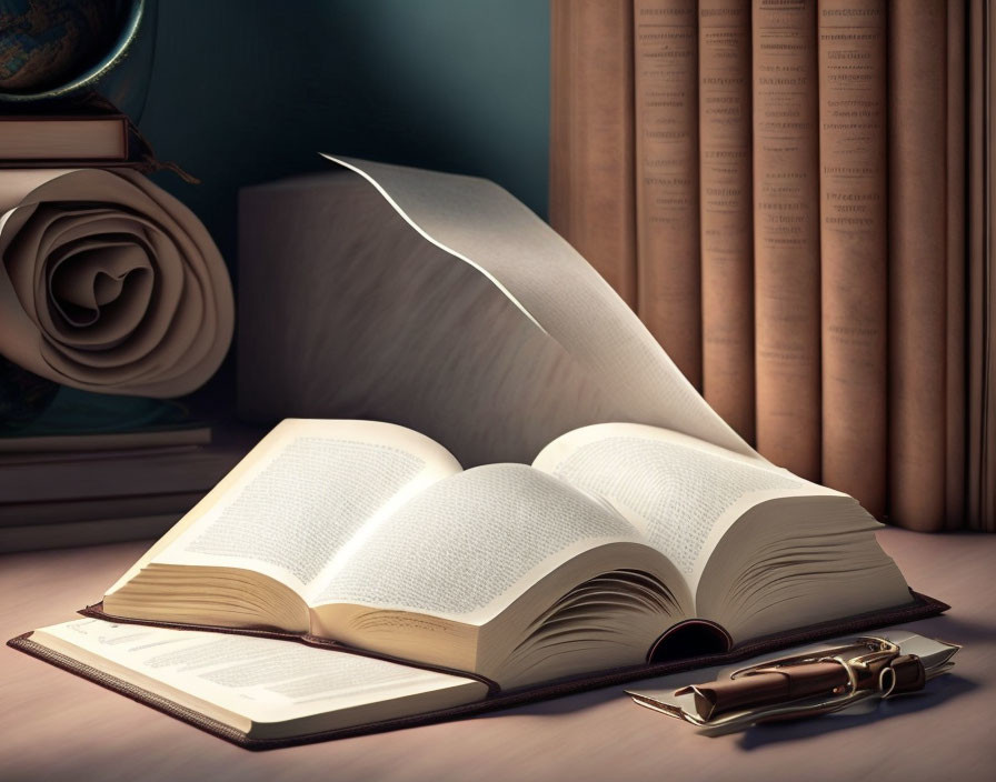 Open book with glasses, globe, and books on wooden table in warm setting