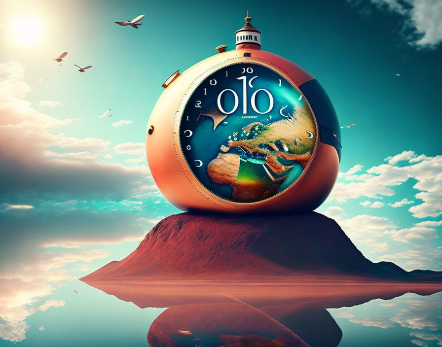 Clock with globe floating above reflective surface with birds and clouds