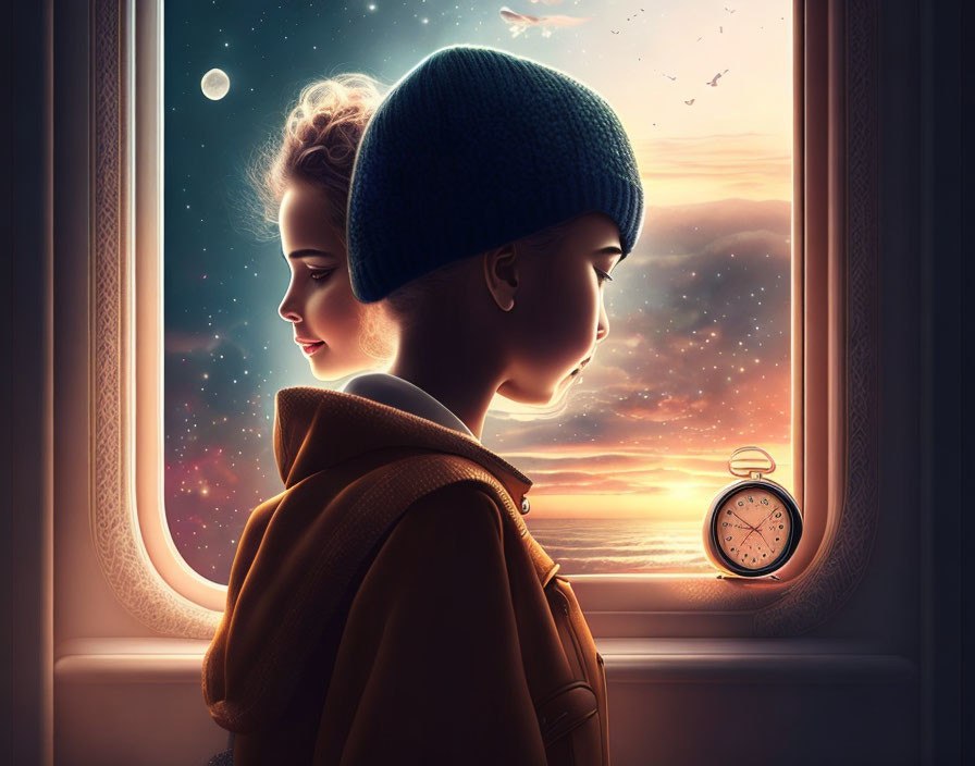 Person in Blue Beanie Looking Out Airplane Window at Dusk Sky with Hanging Pocket Watch