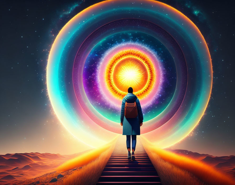 Person standing at end of path near vibrant vortex in starry desert sky