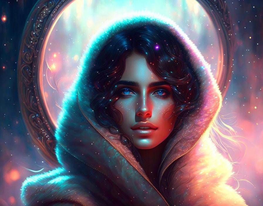 Portrait of woman with blue eyes in hooded cloak against magical starry background