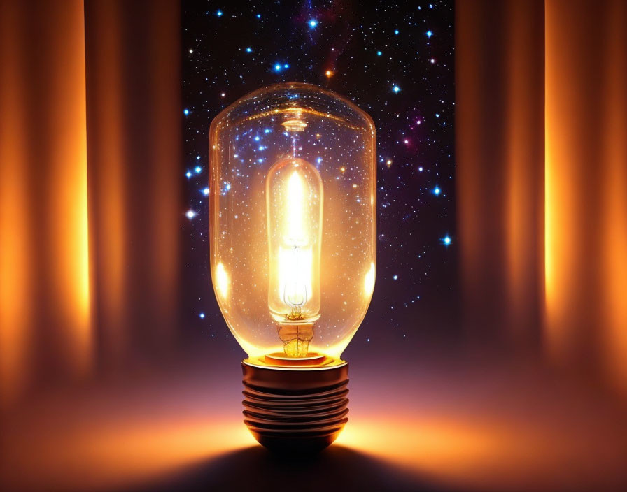 Glowing bulb with cosmic starry background in glass shell on warm orange backdrop