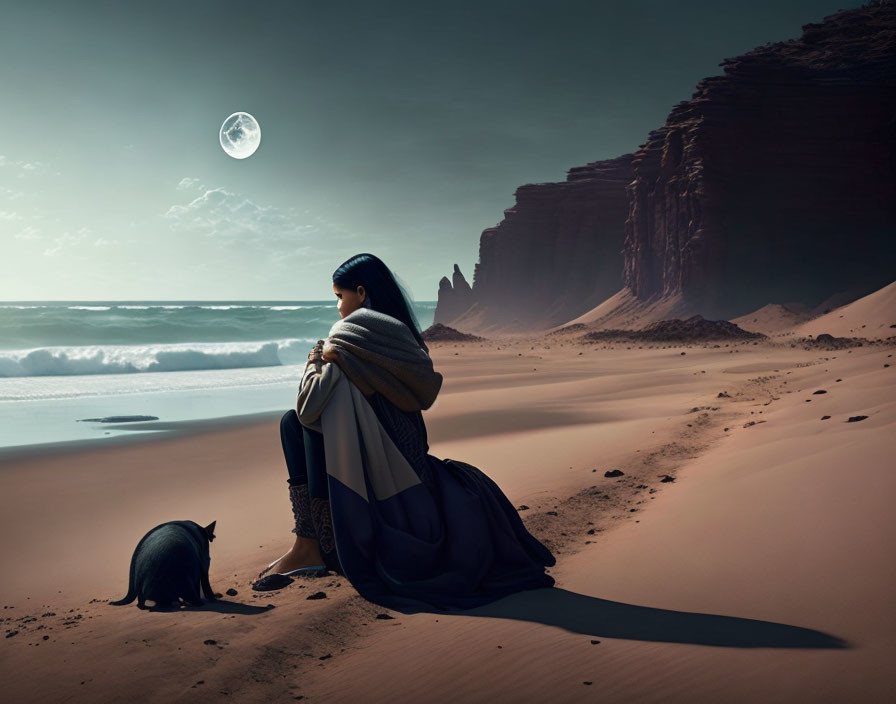 Person in cloak on sandy beach at dusk with cat and cliffs