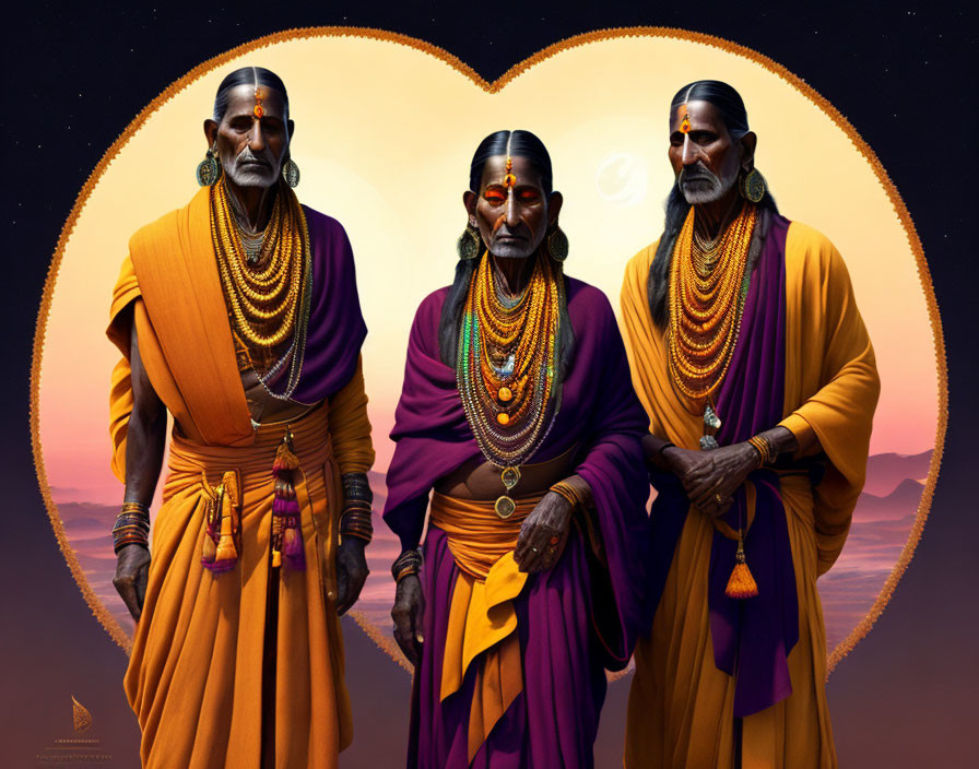 Traditional Indian attire male figures with ornate jewelry in front of heart-shaped backdrop.