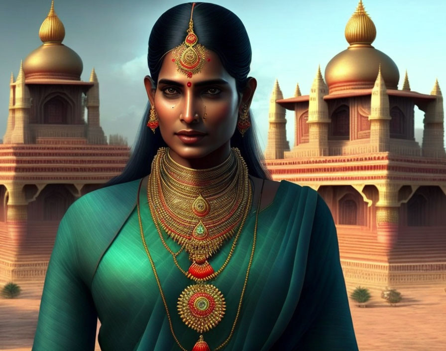 Digital art portrait of woman in traditional Indian style with gold jewelry against palace backdrop