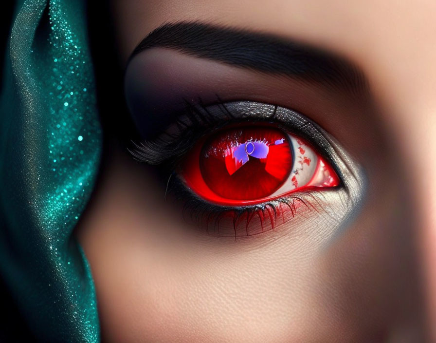 Vivid red eye with heart-shaped pupil and dramatic makeup on teal fabric