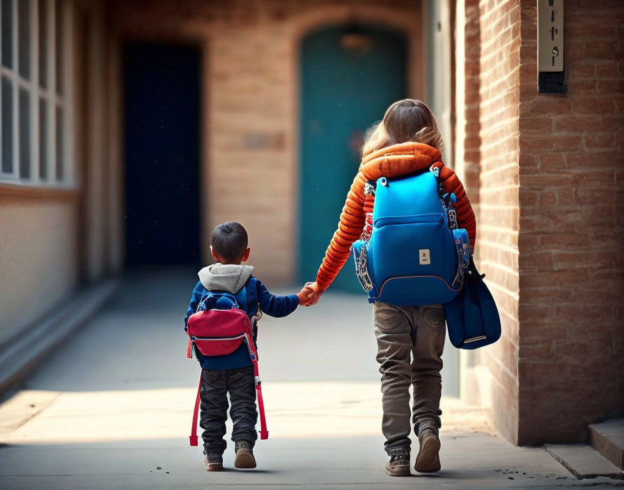 Children with backpacks walking towards blue door in sunlit corridor