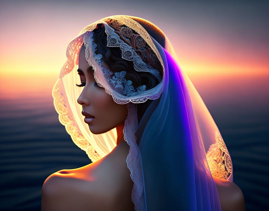 Profile view of woman with lace-adorned veil at sunset by the ocean