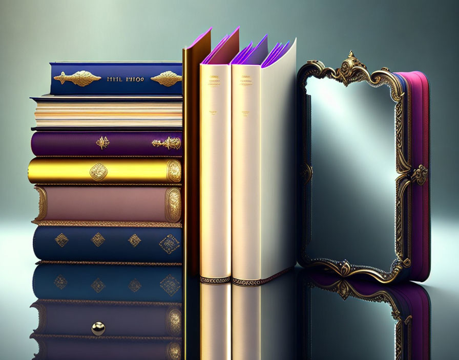 Colorful ornate books and antique mirror with golden details on shiny surface