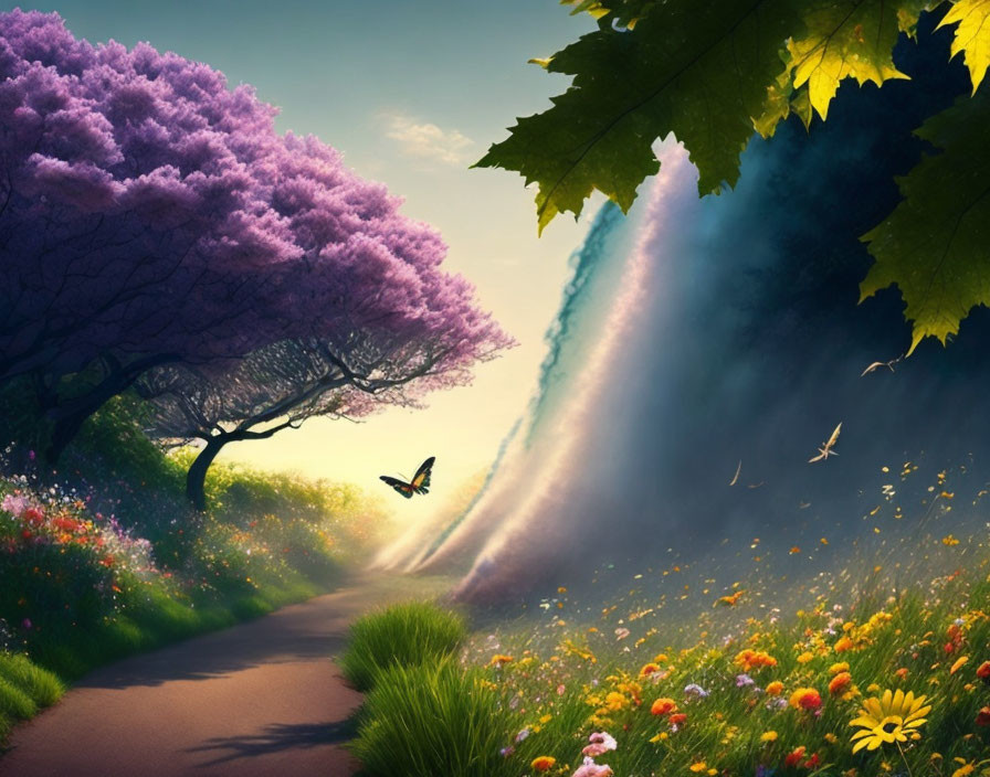 Colorful landscape with purple tree, green foliage, butterflies, and birds under blue sky