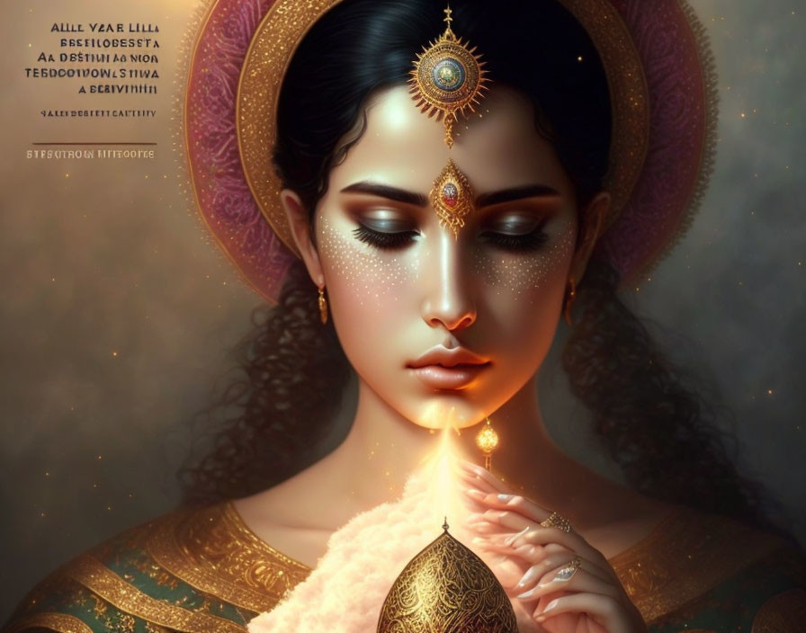 Woman adorned with gold jewelry and glowing aura, eyes closed, emitting light from third eye and fingertips.