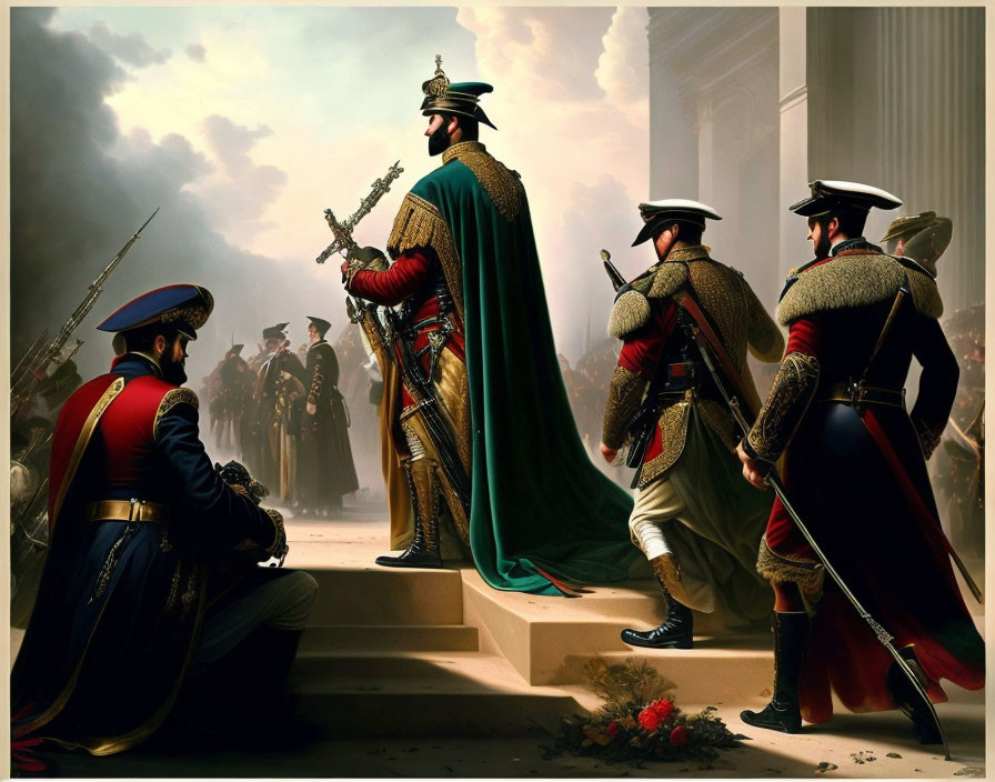 Regal figure in green cape with soldiers in historical ceremonial setting