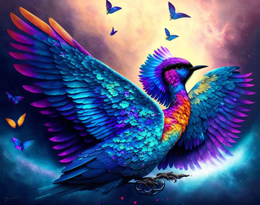 Colorful Illustration: Large Bird with Outstretched Wings in Cosmic Setting